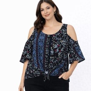 🌴 Flutter Bell Sleeve Floral Cold Shoulder Tie Front Blouse